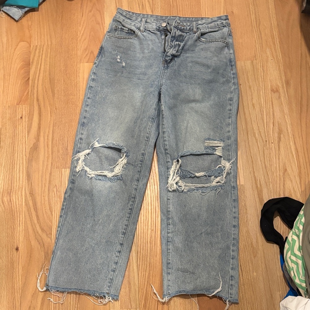 SHEIN Light Blue Distressed Boyfriend Jeans